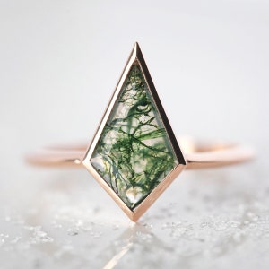 Moss agate ring, Kite engagement ring, Geometric shaped ring, Gemstone solitaire