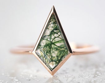 Moss agate ring, Kite engagement ring, Geometric shaped ring, Gemstone solitaire