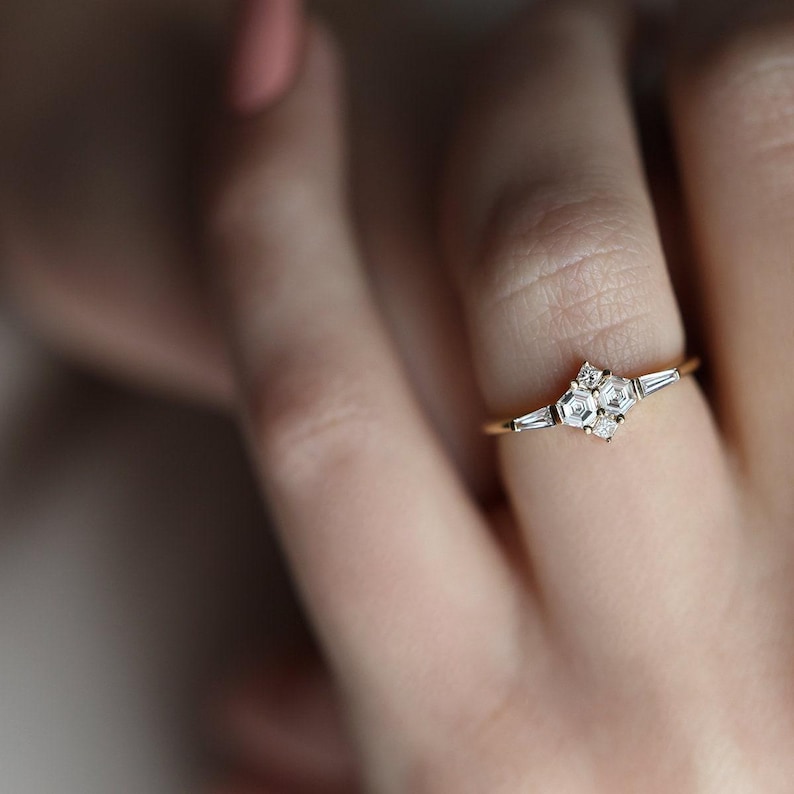 Diamond cluster ring, Hexagon diamond ring with side baguette diamonds image 4
