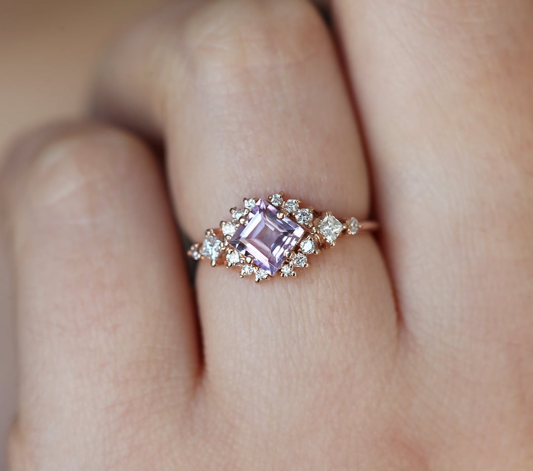 Amethyst Engagement Ring, Diamond Stargaze Ring, Light Lavender Cluster, Square Cut Gemstone