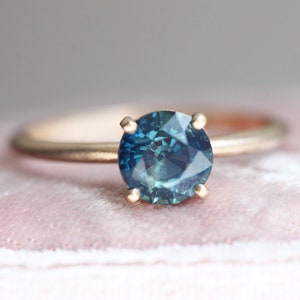 Simple Blue Sapphire Engagement Ring, Sapphire Solitaire Engagement Ring, Four Prong Teal Sapphire Ring with matte band image 2