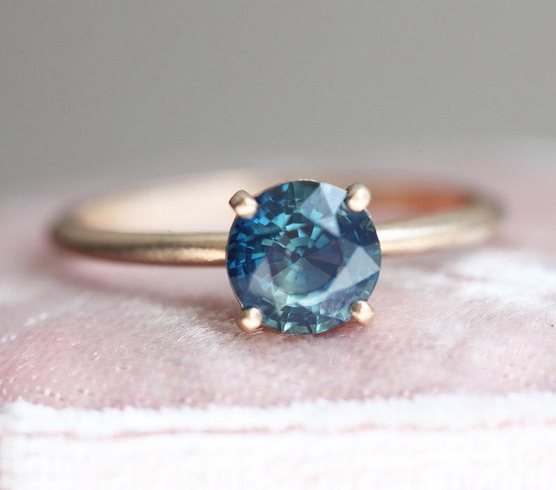 Simple Blue Sapphire Engagement Ring, Sapphire Solitaire Engagement Ring, Four Prong Teal Sapphire Ring with matte band image 2