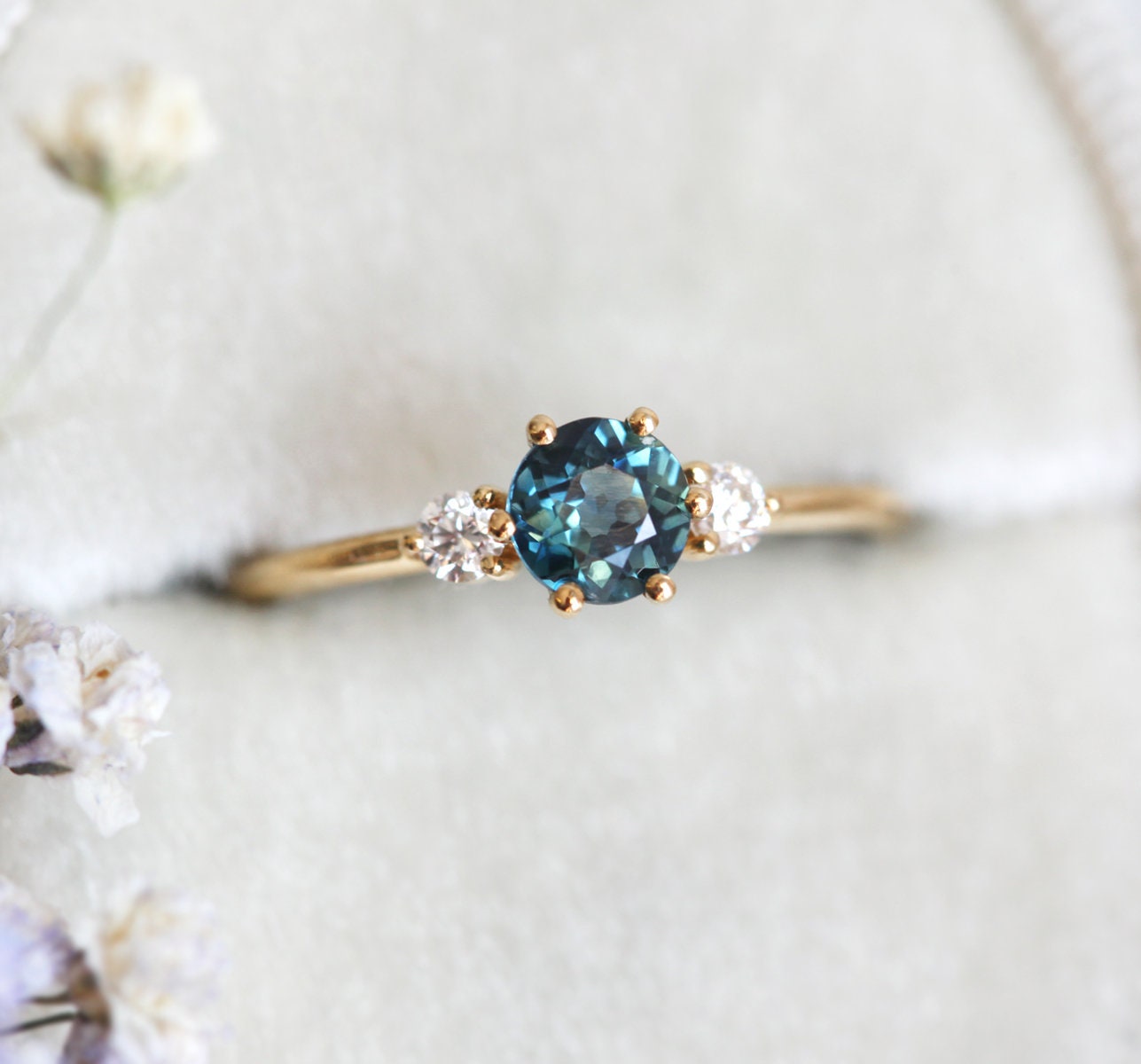 Blue Sapphire Three Stone Engagement Ring Sapphire Diamond | Etsy