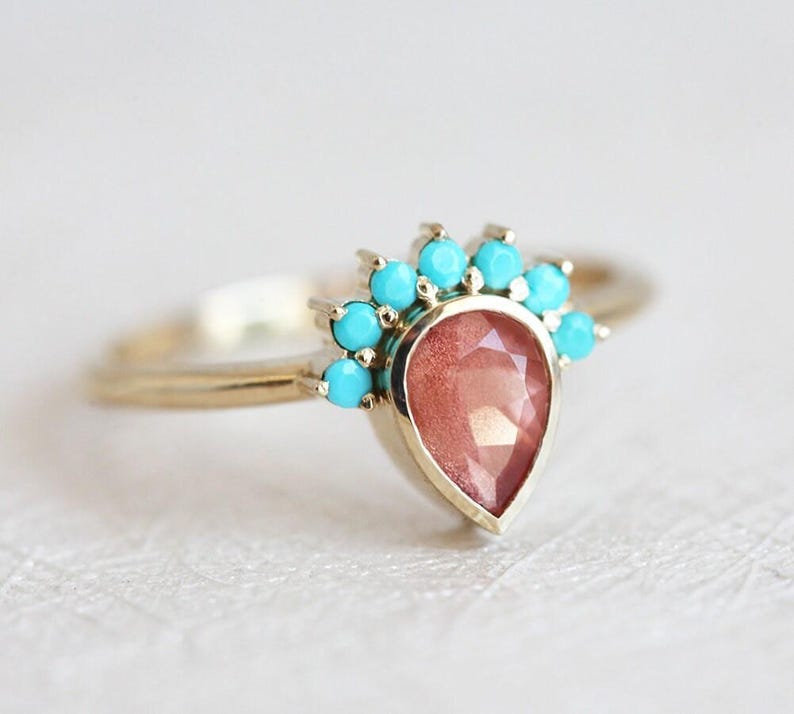 Oregon Sunstone Ring with turquoise, Unique Bohemian Ring with Pear Sunstone, 14k Gold Sunstone Ring image 3