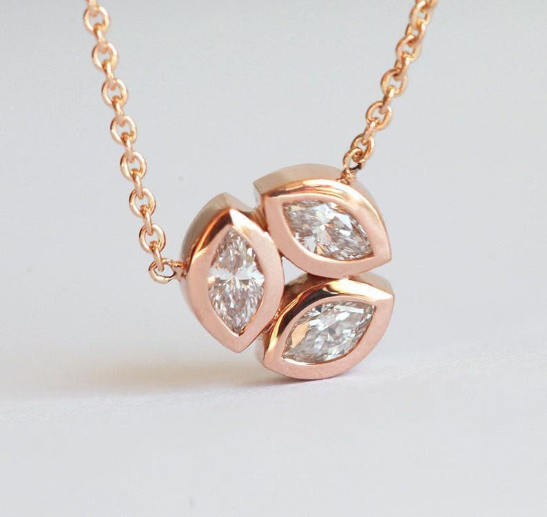 Unique Rose Gold Diamond Necklace, Solitaire Diamond Necklace, Mother Marquise Diamonds Necklace Jewelry, Mom Anniversary Gift Necklace image 1