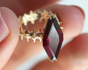 Red Garnet Snake Ring, Skeleton Ring, Unique Garnet Ring in 14k or 18k Solid Gold