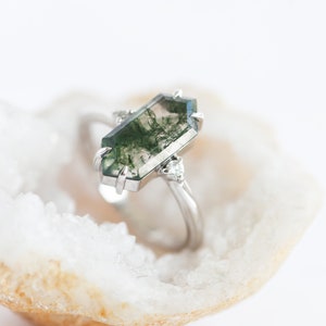 Hexagon moss agate diamond ring, Three stone moss agate ring with elongated hexagon image 4