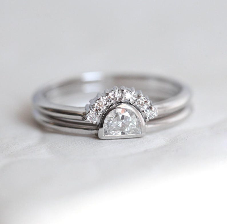 Half Moon Diamond Ring, Rose Gold Diamond Set, Rose Gold Wedding Set, Rose Gold Diamond Ring, Engagement Ring, 14k Rose Gold image 2