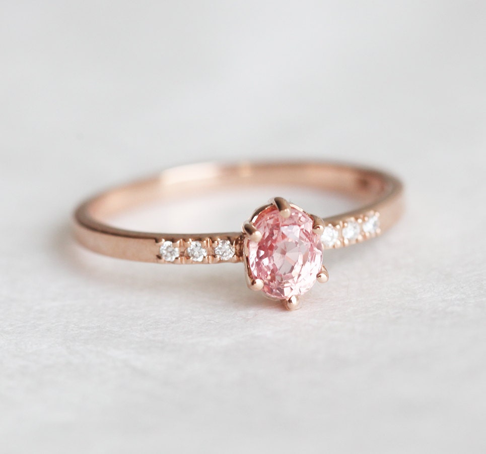 Rose Gold Diamond and Sapphire Ring With Oval Peach Sapphire - Etsy UK