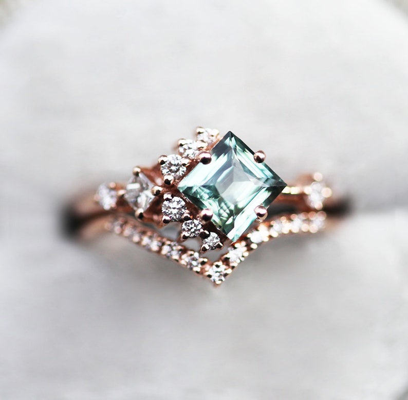 Mint Sapphire Engagement Ring Sapphire Cluster Ring Princess Etsy