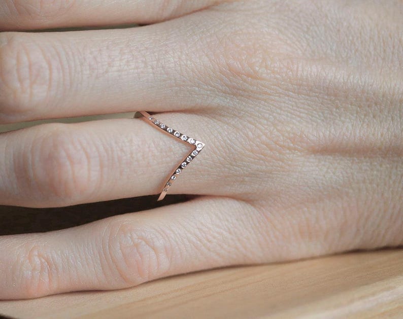 Rose Gold Diamond Ring, Rose Gold Wedding Ring, Stacking Rose Gold Ring, Diamond Stacking ring, Curved wedding band image 5