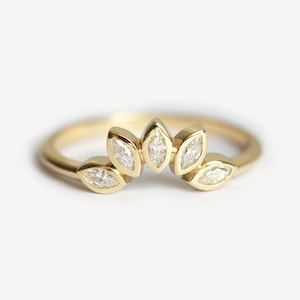 Diamond wedding band, Marquise crown ring, Mini stackable ring, Sunrise nesting ring, Curved flower band
