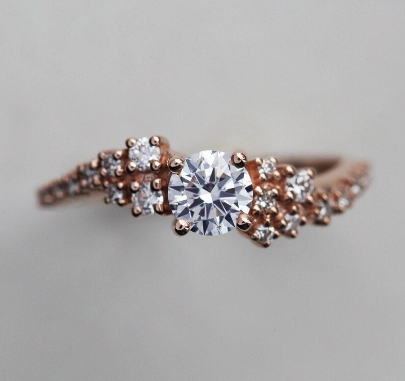 Diamond cluster ring, Moissanite engagement ring, Wave wedding ring, Unique gia bubbles ring image 3