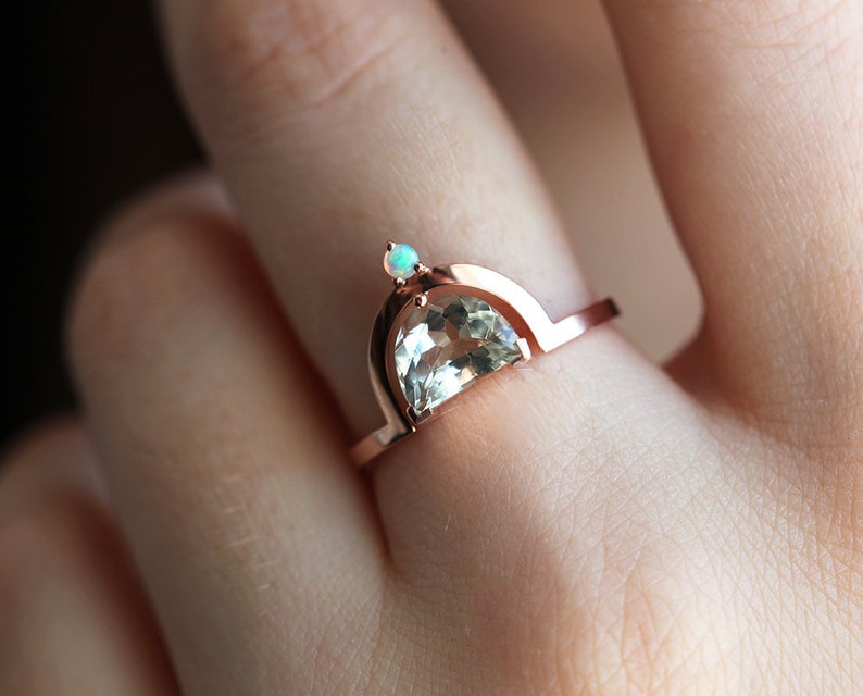 Green amethyst engagement ring, Half moon ring, Unique opal ring, Crescent cut boho ring image 1