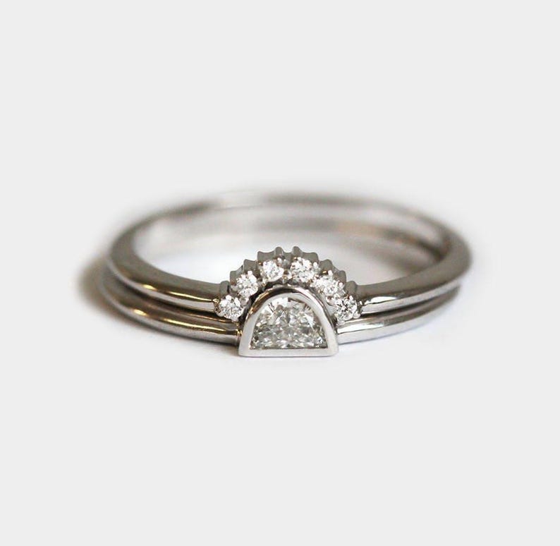 Half Moon Diamond Ring, Rose Gold Diamond Set, Rose Gold Wedding Set, Rose Gold Diamond Ring, Engagement Ring, 14k Rose Gold image 3