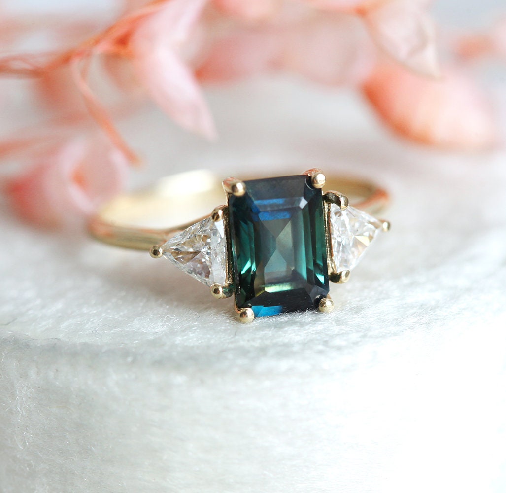 Emerald Cut Sapphire With Triangle Diamonds Green Sapphire | Etsy