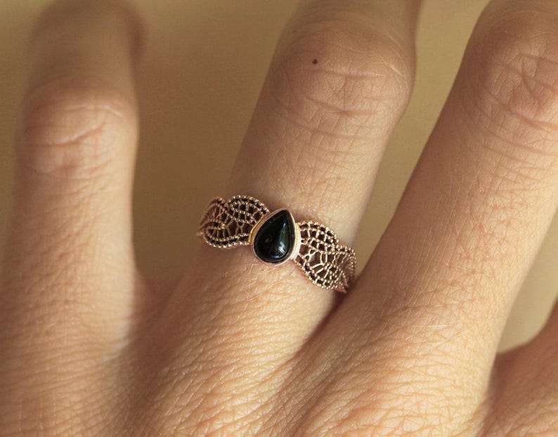 Black Spinel Ring, Gold Filigree Ring, Rose Gold Lace Ring, White Gold Engagement Ring, Non Diamond Ring, Vintage Ring, 14k Rose Gold image 4