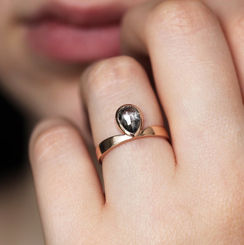 Salt and Pepper Diamond Ring, Rose Cut Pear Diamond Ring, Unique Diamond Engagement, Black, Gray Pear Diamond, 14k 18k rose yellow image 7