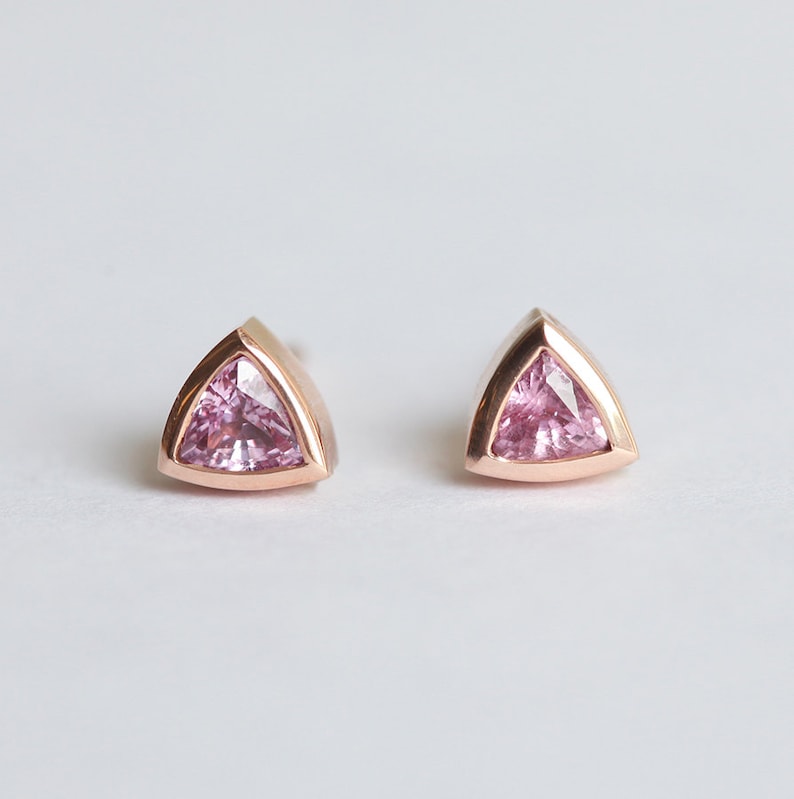 Triangle earrings Rose Gold, Pink Sapphire Earring Studs, Simple Everyday Earrings with sapphires image 4