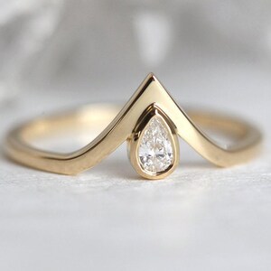 Pear engagement ring, Diamond ring, Small gemstone ring, Tiny v shaped wedding band image 5