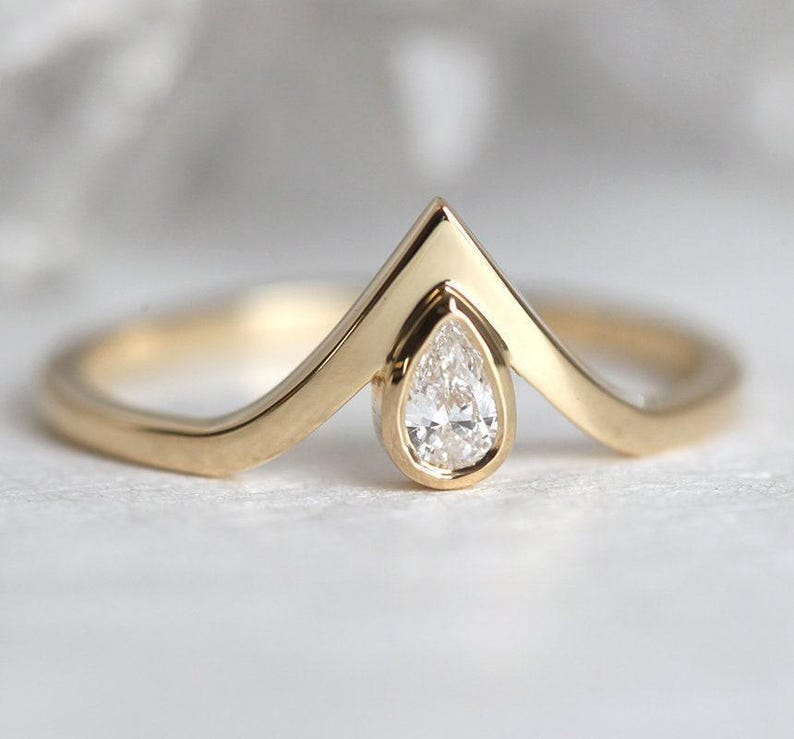Pear engagement ring, Diamond ring, Small gemstone ring, Tiny v shaped wedding band image 5