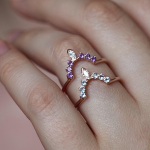 Custom Nesting Band, Gemstone Wedding Band Curved, Curved Wedding Ring to Match, Amethyst Aquamarine Diamond