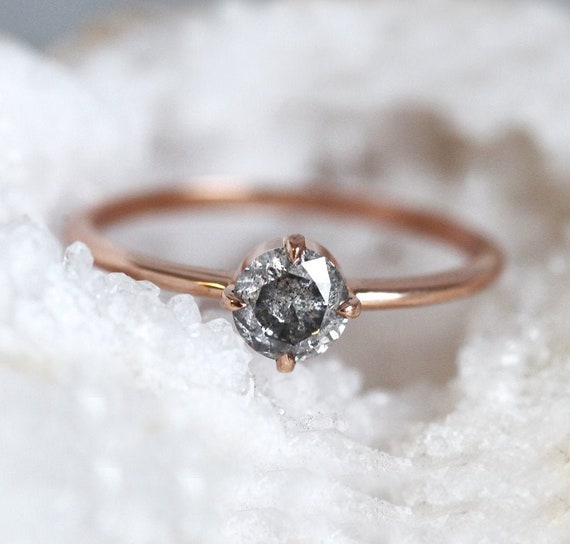 Solitaire Salt Pepper Diamond Ring Round Grey Diamond Ring | Etsy