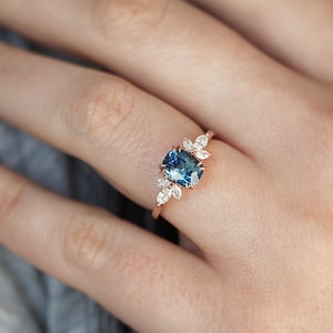 Sapphire engagement ring, Blue sapphire ring, Side diamond ring, Cushion cut ring, Flower ring image 9