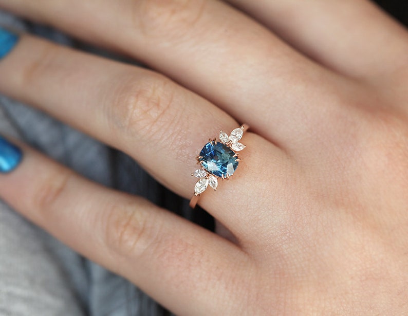 Sapphire engagement ring, Blue sapphire ring, Side diamond ring, Cushion cut ring, Flower ring image 9