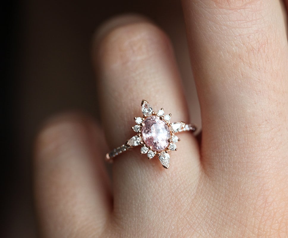 Oval Peach Pink Sapphire & Diamond Ring 14k or 18k Solid Gold | Etsy