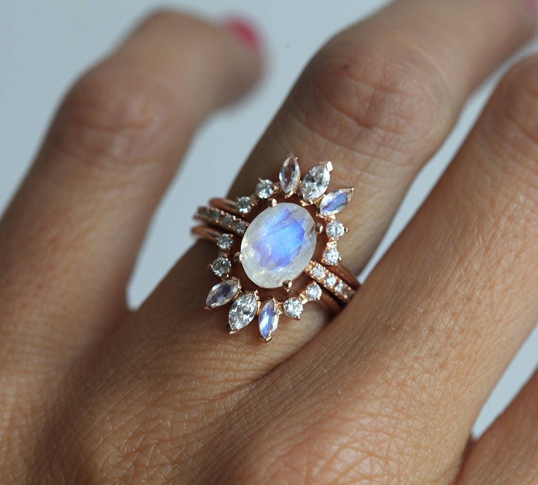 Ice Wedding Ring Set Moonstone Engagement Ring Set of 3