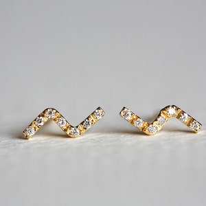 Gold Delicate earrings, Tiny Diamond Line Earrings, Line Studs Ear Pin, Lightning Bolt Studs, Micro Pave Jewelry Set, elegant earrings image 2