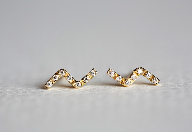 Gold Delicate earrings, Tiny Diamond Line Earrings, Line Studs Ear Pin, Lightning Bolt Studs, Micro Pave Jewelry Set, elegant earrings image 2