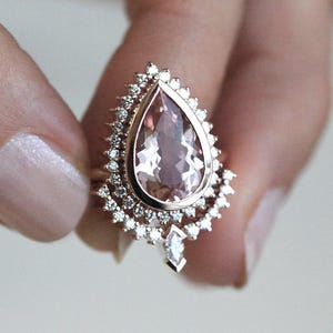 Parure de bague de fiançailles en morganite, grande bague en morganite, parure de pierres précieuses taille poire, bague en platine et diamant
