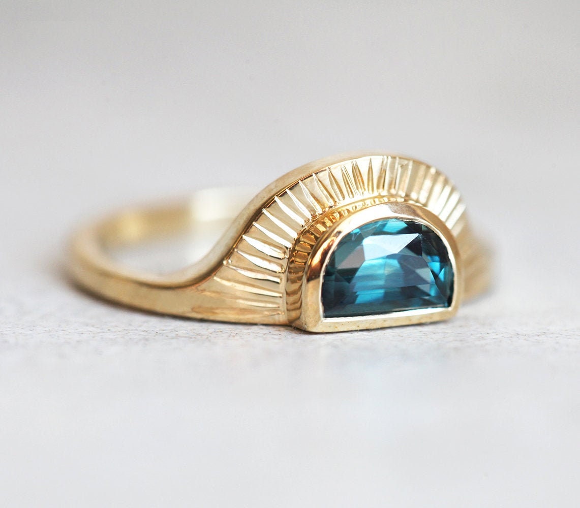 Bohemian Sapphire Ring Half Moon Sapphire Engagement Ring Unique