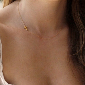 Solid Gold Cross Necklace, 14k Gold Tiny Cross Necklace, Sideways Cross Necklace for Her image 5