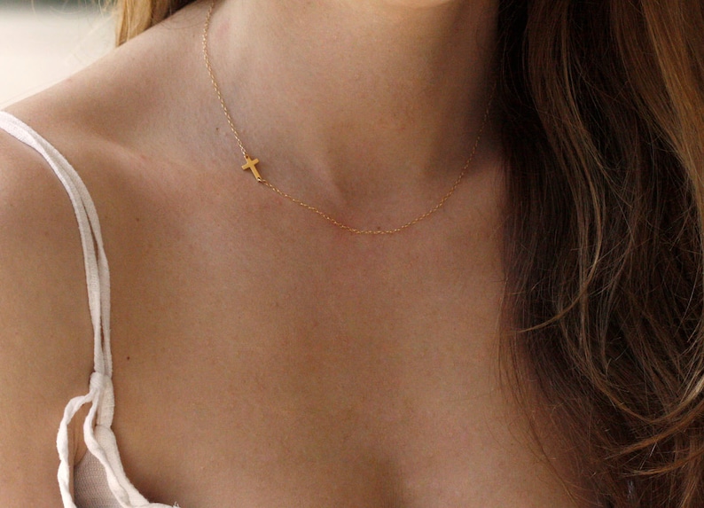 Solid Gold Cross Necklace, 14k Gold Tiny Cross Necklace, Sideways Cross Necklace for Her image 5