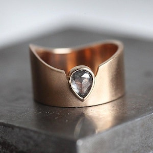 Statement Natural Diamond Ring, Pear Salt Pepper Diamond Ring, Unique Diamond Engagement Ring, Heavy Band Rose Gold, Wide Band