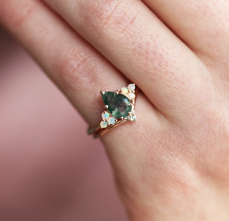 Pear moss agate ring with side Australian opals, Moss agate engagement ring set image 3