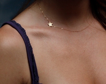 14k Gold Initial Necklace, Star Necklace Sideways, 14k Star necklace Delicate Gift for Her