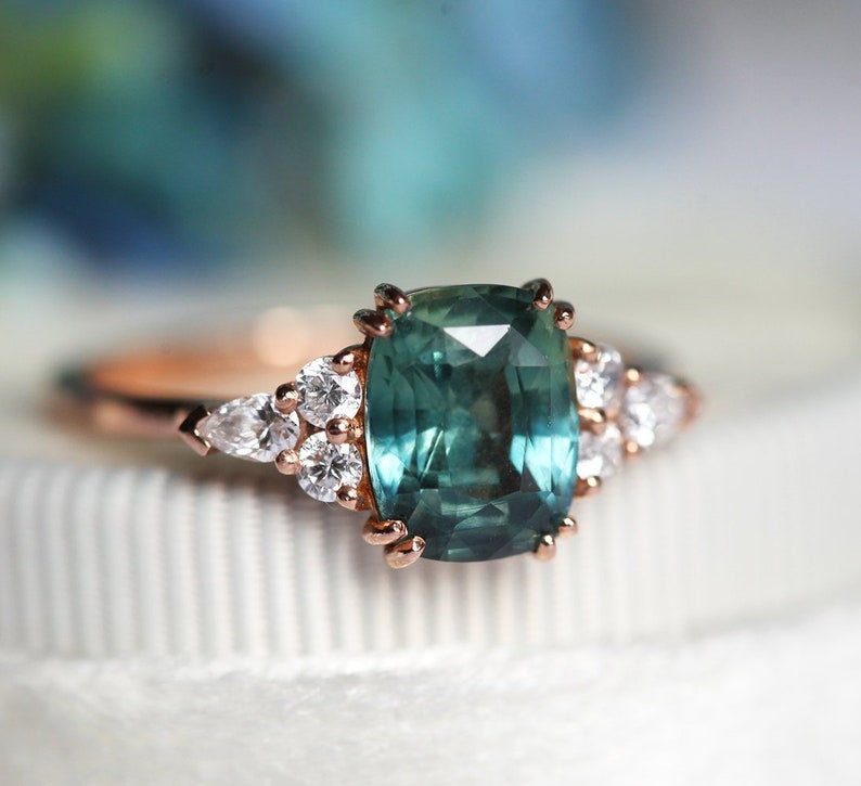 Teal Green Blue Sapphire & Diamond Ring, Cushion Cut Engagement Ring, 14k or 18k Solid Gold image 1