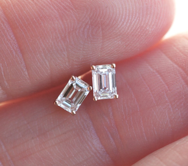 Emerald cut diamond earrings, Diamond Stud Earrings, Emerald Diamond Earrings, Rose Gold Diamond Studs, Everyday diamond earrings image 4