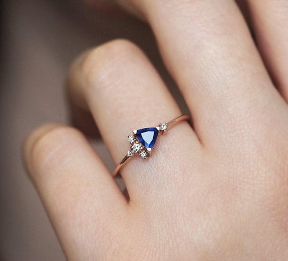 Blue Sapphire Ring Rose Gold, Delicate Diamond Sapphire Engagement Ring 14k  18k Gold