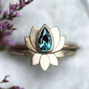 Teal Pear Sapphire Ring Set, Pear Blue Sapphire Engagement Ring set, Sapphire Wedding Ring Set, Lotus Ring