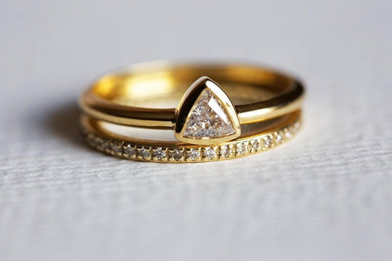 Diamond Wedding Set, Diamond Engagement Ring, Trillion Wedding Diamond Ring, Triangle Diamond Ring, Eternity Diamond Band, 18k solid gold image 4