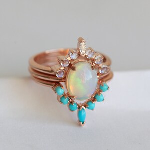 Ocean Ring Set, Engagement Ring Set with Oval Australian Fire Opal, Moonstone, Diamond & Turquoise Curved Band Rings, Bridal or Wedding Set image 7
