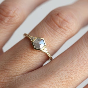 Natural Diamond ring with Rose Cut Hexagon Diamond, Grey Diamond Engagement Ring image 2
