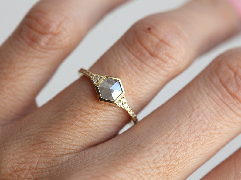 Natural Diamond ring with Rose Cut Hexagon Diamond, Grey Diamond Engagement Ring image 2