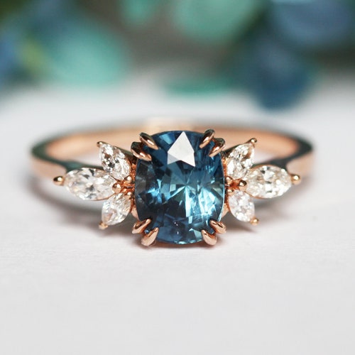 Sapphire engagement ring, Blue sapphire ring, Side diamond ring, Cushion cut ring, Flower ring