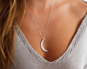 Moon necklace, Silver crescent necklace, Half moon necklace, Large charm boho necklace